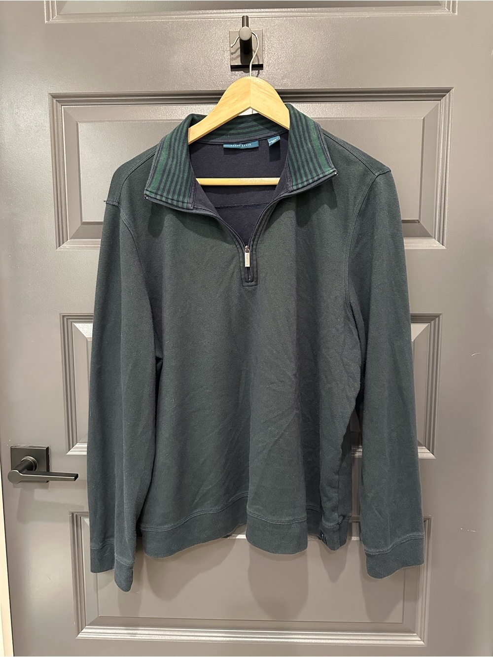 Perry Ellis Dark Green Quarter-Zip Sweater with Striped Collar
